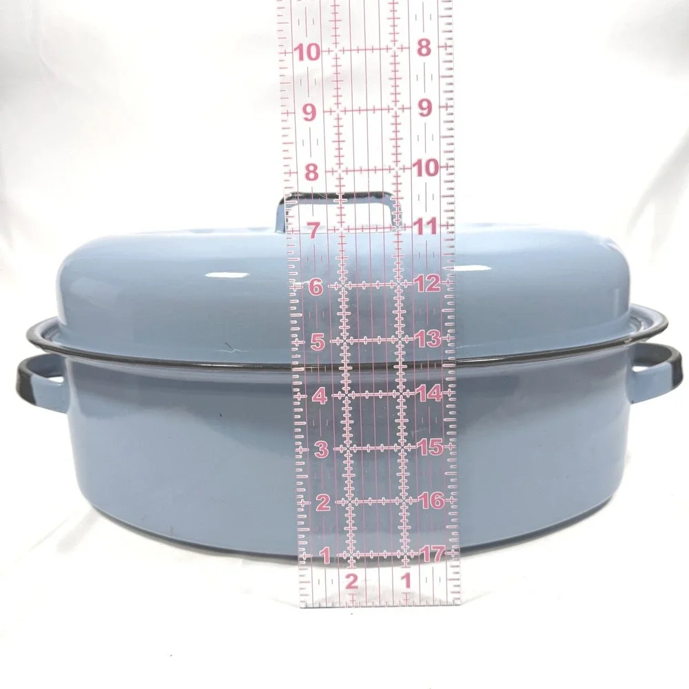 Vintage Enamelware Oval Roasting Pan with Lid Blue Farmhouse Large 16.5in Roastr